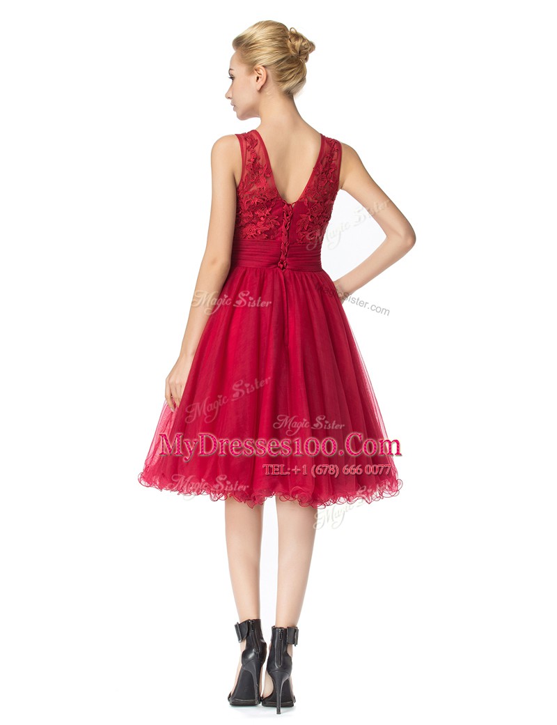 Modest Scoop Sleeveless Zipper Knee Length Lace Prom Party Dress