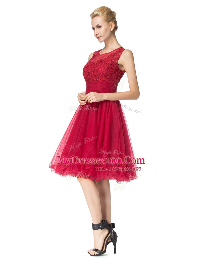 Modest Scoop Sleeveless Zipper Knee Length Lace Prom Party Dress