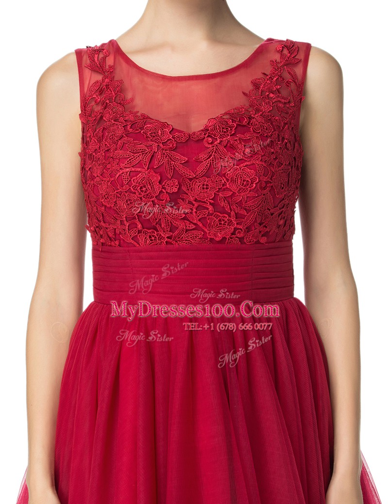 Modest Scoop Sleeveless Zipper Knee Length Lace Prom Party Dress