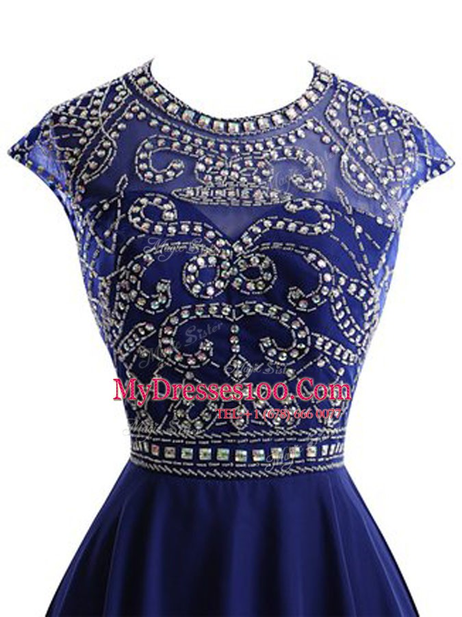 High Quality Royal Blue Scoop Neckline Beading Cocktail Dress Sleeveless Backless