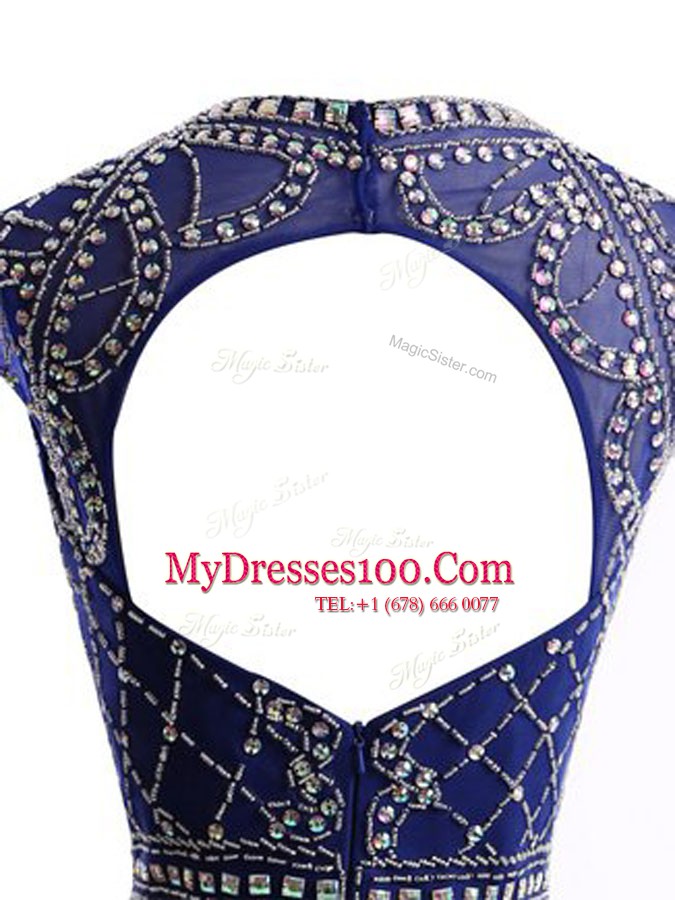 High Quality Royal Blue Scoop Neckline Beading Cocktail Dress Sleeveless Backless