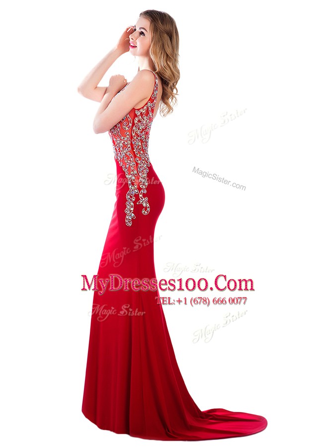 Mermaid Red Backless V-neck Beading Prom Gown Silk Like Satin Sleeveless Brush Train