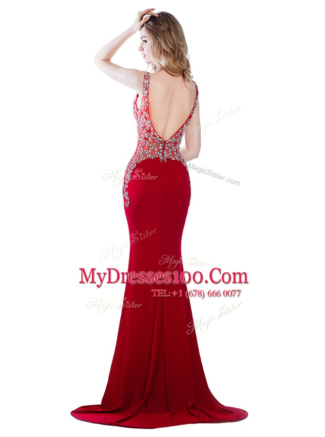 Mermaid Red Backless V-neck Beading Prom Gown Silk Like Satin Sleeveless Brush Train