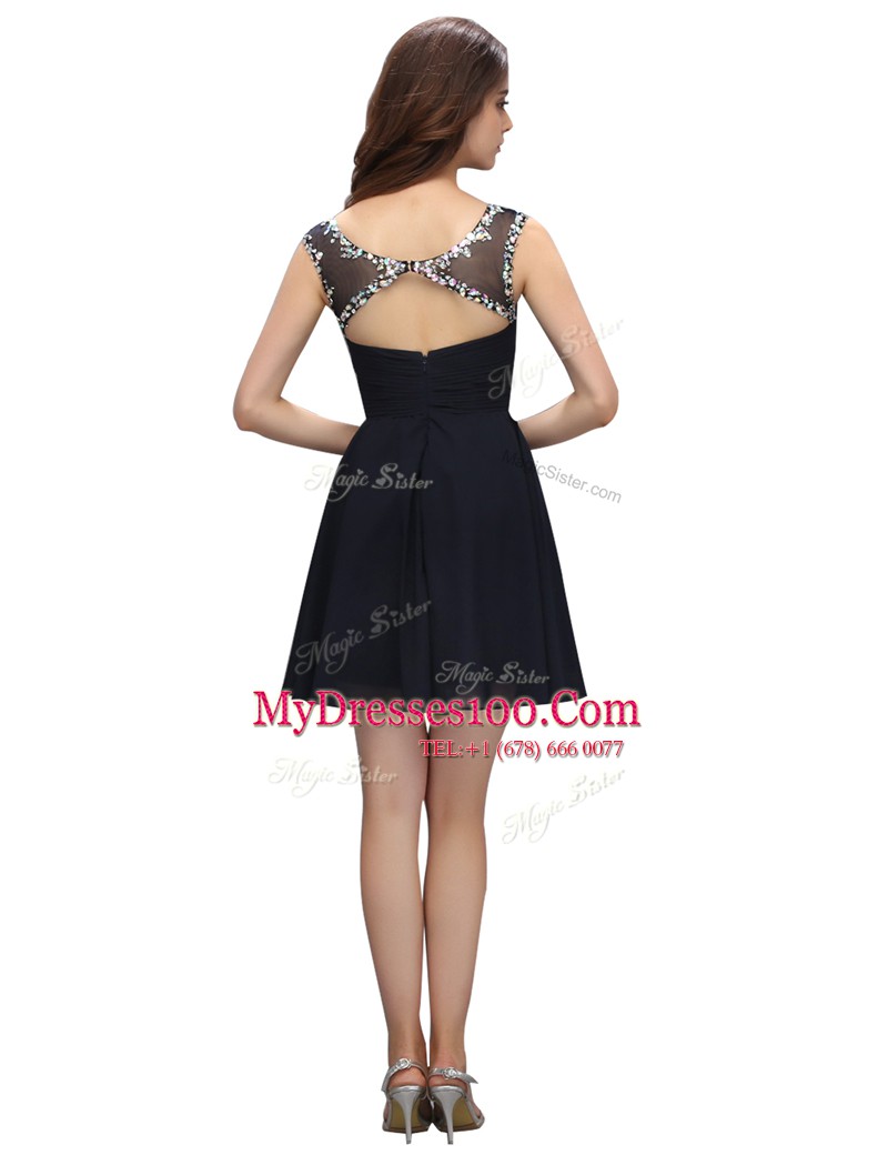 Super Black Sleeveless Mini Length Beading Zipper Evening Dress