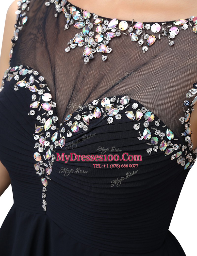 Super Black Sleeveless Mini Length Beading Zipper Evening Dress