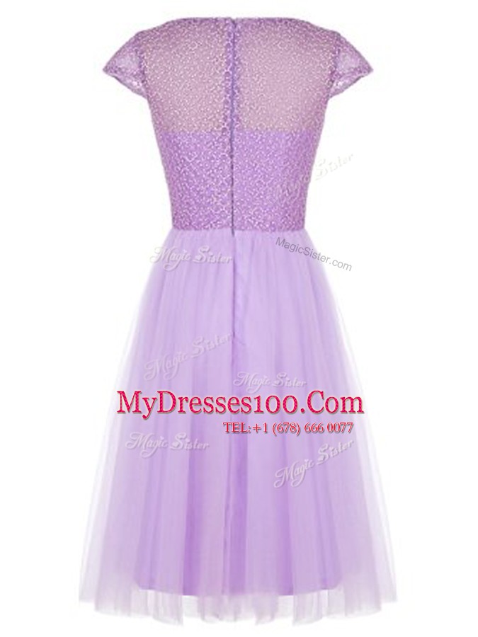 Gorgeous Lavender Bateau Zipper Beading Prom Gown Cap Sleeves