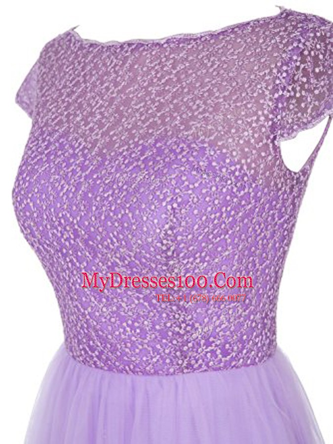 Gorgeous Lavender Bateau Zipper Beading Prom Gown Cap Sleeves