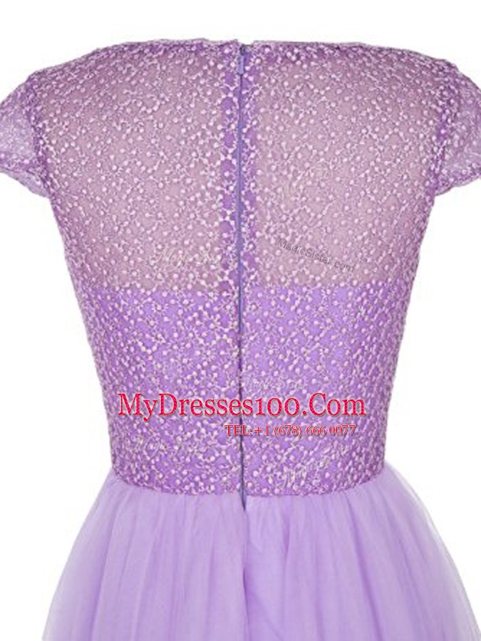 Gorgeous Lavender Bateau Zipper Beading Prom Gown Cap Sleeves