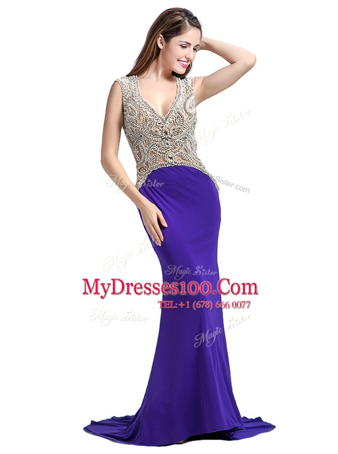 V-neck Sleeveless Brush Train Backless Prom Dresses Purple Elastic Woven Satin