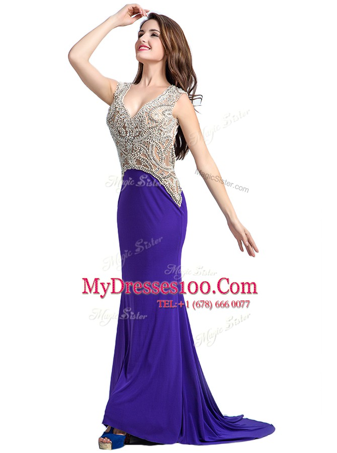 V-neck Sleeveless Brush Train Backless Prom Dresses Purple Elastic Woven Satin
