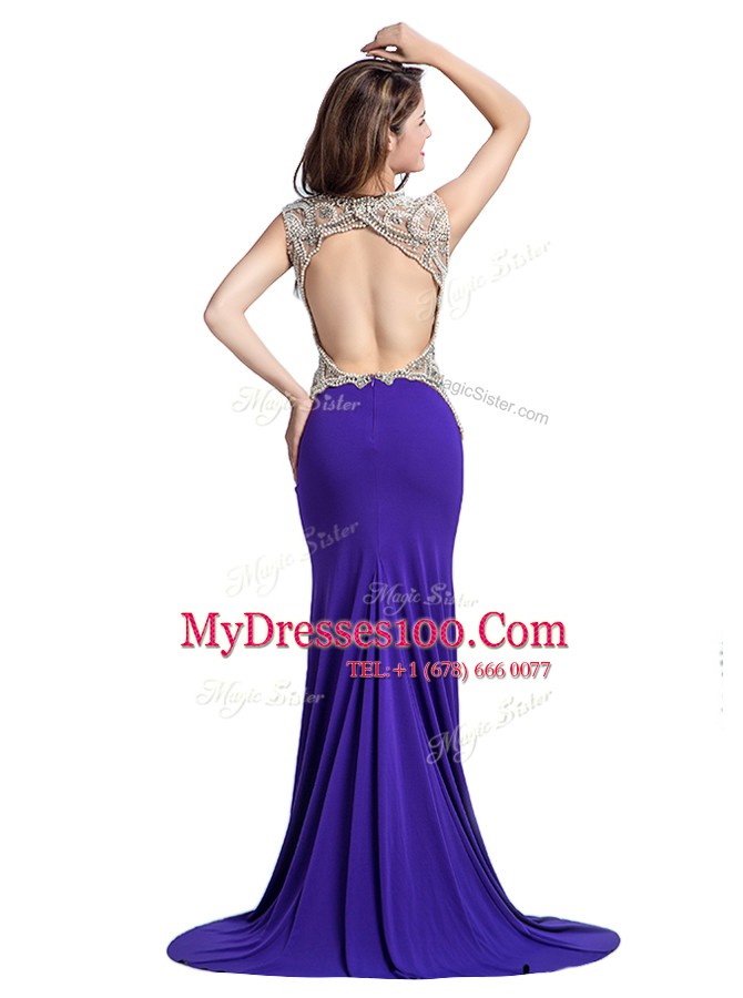 V-neck Sleeveless Brush Train Backless Prom Dresses Purple Elastic Woven Satin