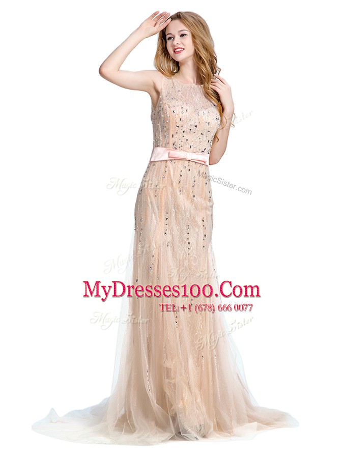 Ideal Scoop Sleeveless With Train Beading Backless Evening Dress with Champagne Brush Train