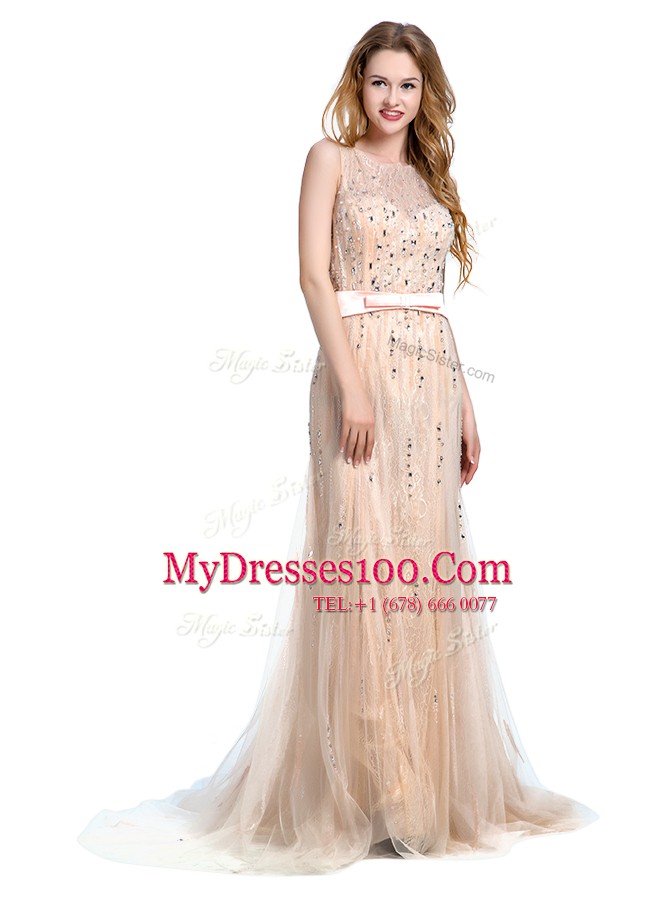 Ideal Scoop Sleeveless With Train Beading Backless Evening Dress with Champagne Brush Train