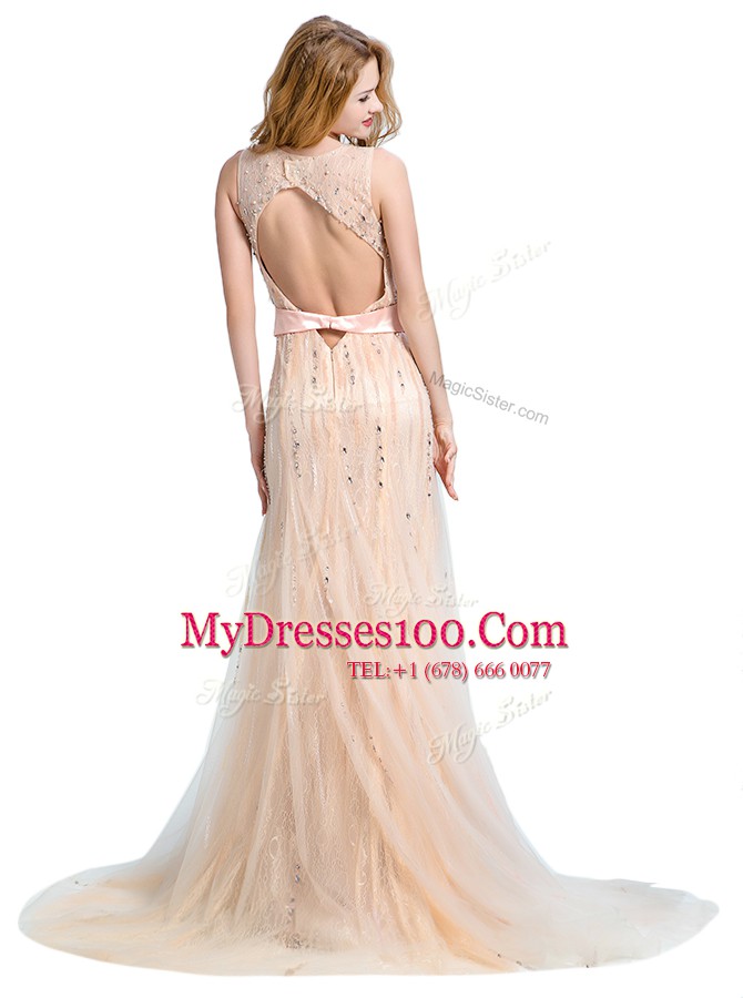 Ideal Scoop Sleeveless With Train Beading Backless Evening Dress with Champagne Brush Train