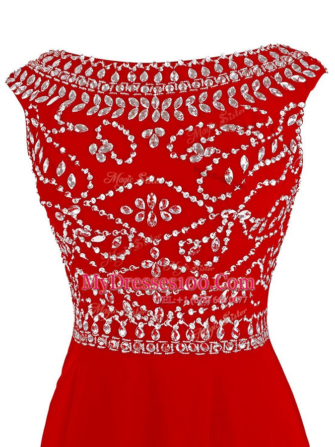Sexy Red Cap Sleeves Chiffon Zipper Prom Evening Gown for Prom and Party