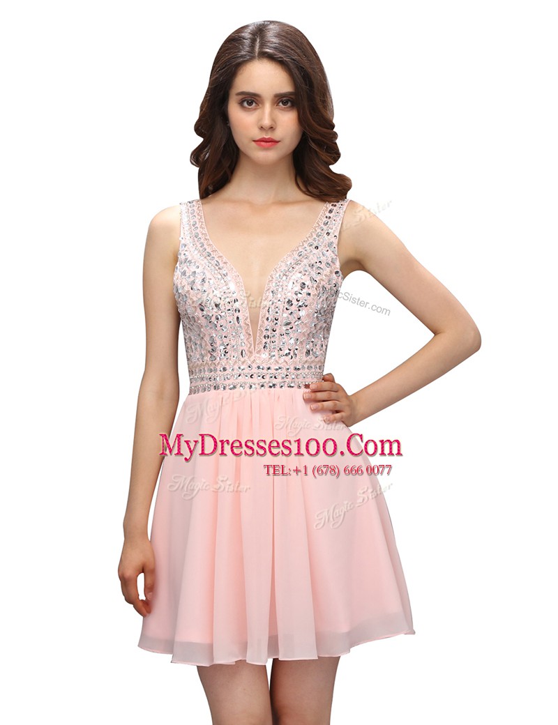 Baby Pink Sleeveless Knee Length Beading Zipper