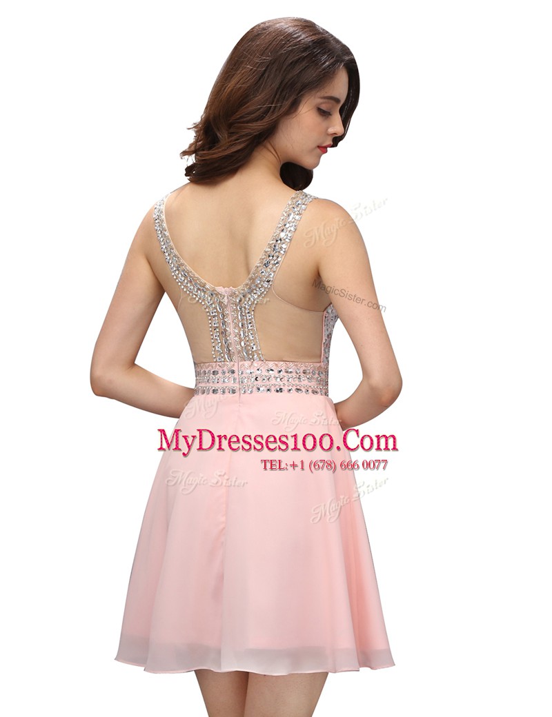 Baby Pink Sleeveless Knee Length Beading Zipper