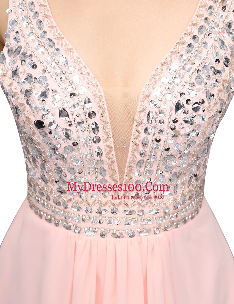 Baby Pink Sleeveless Knee Length Beading Zipper