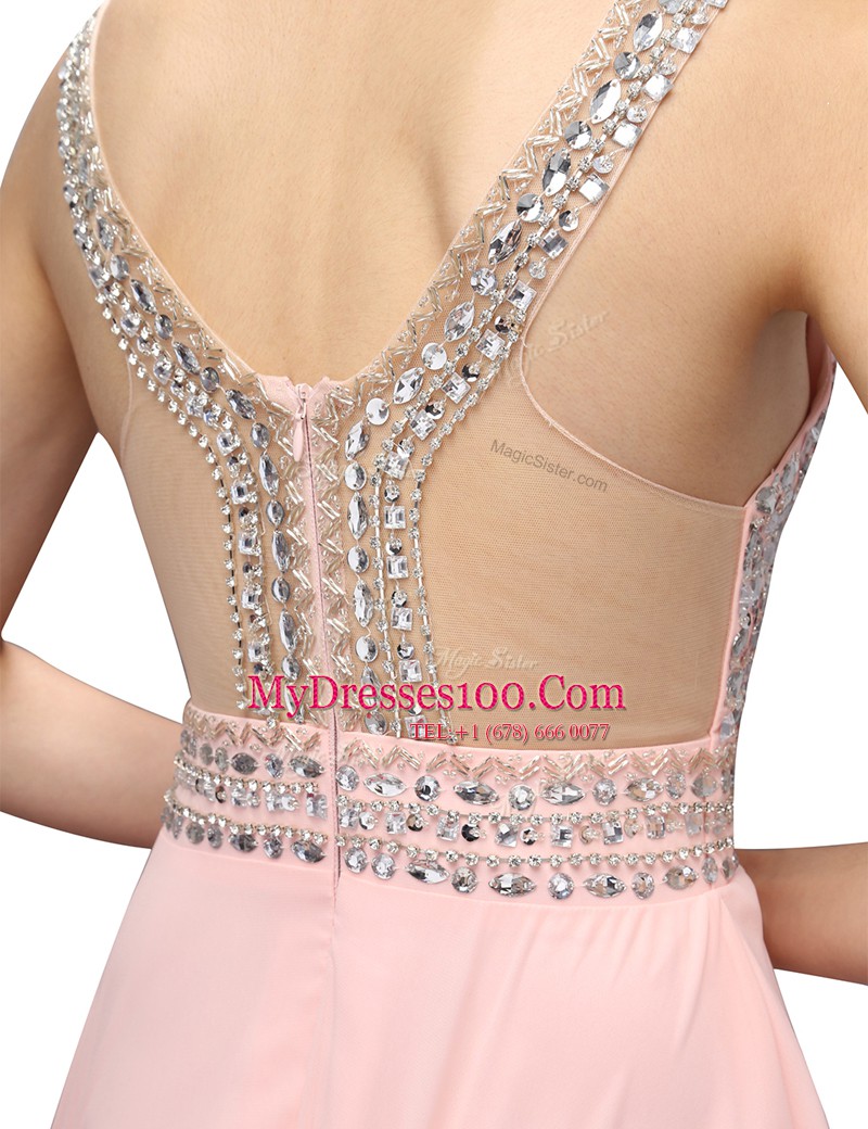 Baby Pink Sleeveless Knee Length Beading Zipper