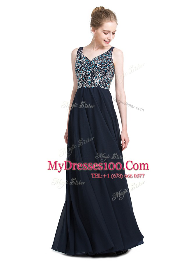 Black Zipper V-neck Beading Prom Evening Gown Chiffon Sleeveless