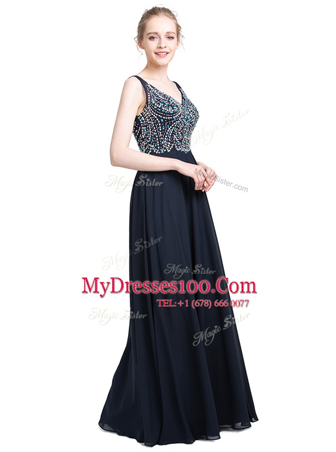Black Zipper V-neck Beading Prom Evening Gown Chiffon Sleeveless