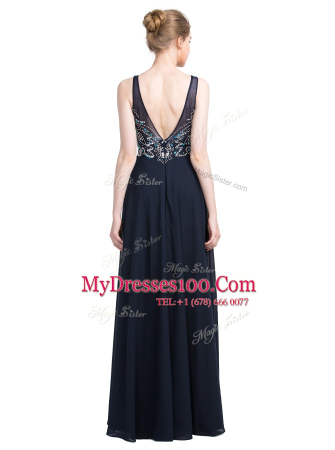 Black Zipper V-neck Beading Prom Evening Gown Chiffon Sleeveless