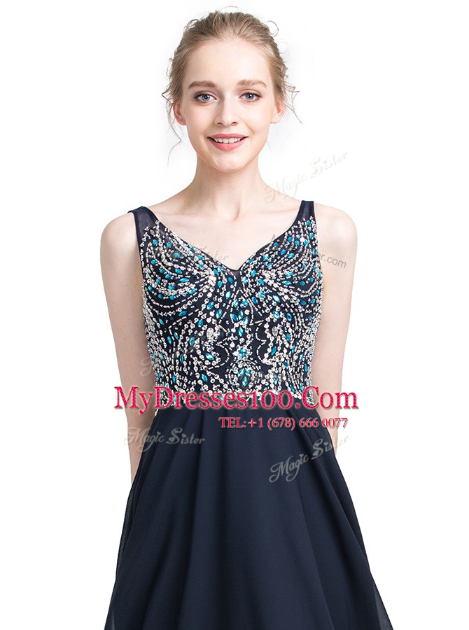 Black Zipper V-neck Beading Prom Evening Gown Chiffon Sleeveless