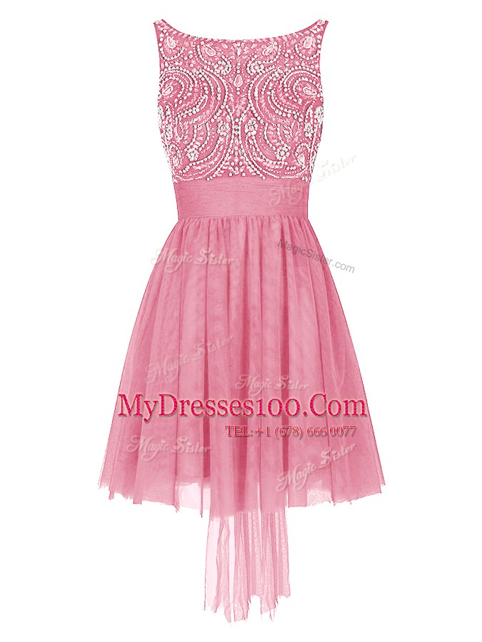 Pink Empire Bateau Sleeveless Tulle Mini Length Zipper Beading