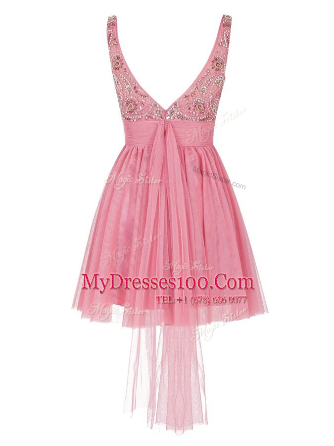 Pink Empire Bateau Sleeveless Tulle Mini Length Zipper Beading