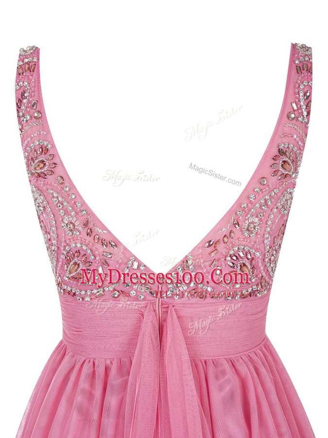 Pink Empire Bateau Sleeveless Tulle Mini Length Zipper Beading