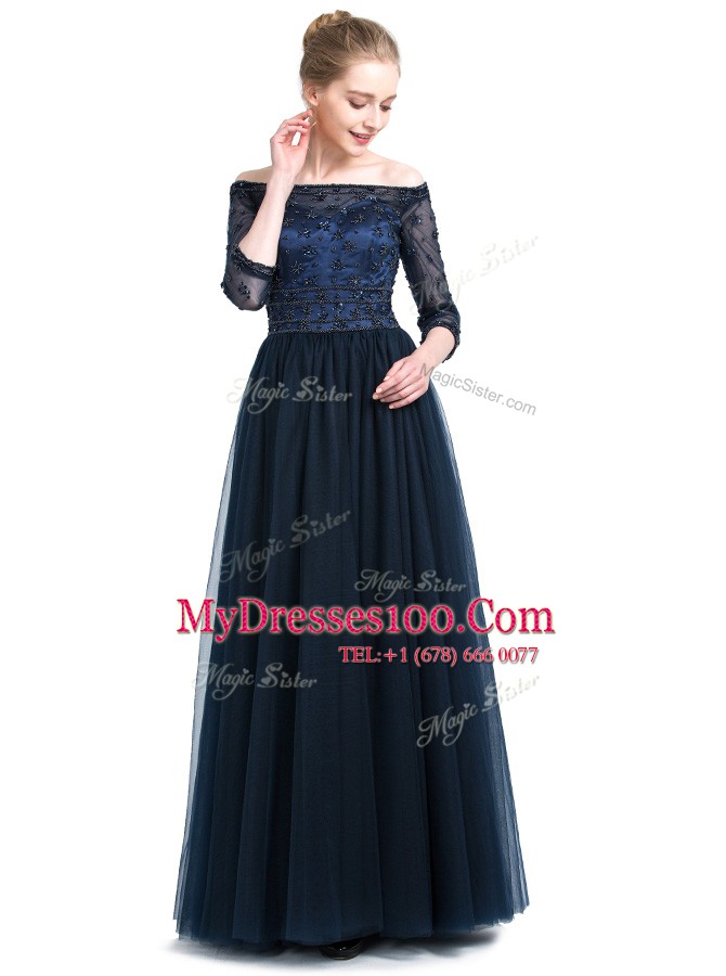Custom Designed Off the Shoulder Floor Length Zipper Mother Of The Bride Dress Navy Blue for Prom and Party with Beading and Appliques