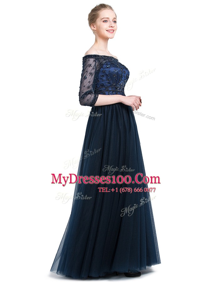 Custom Designed Off the Shoulder Floor Length Zipper Mother Of The Bride Dress Navy Blue for Prom and Party with Beading and Appliques