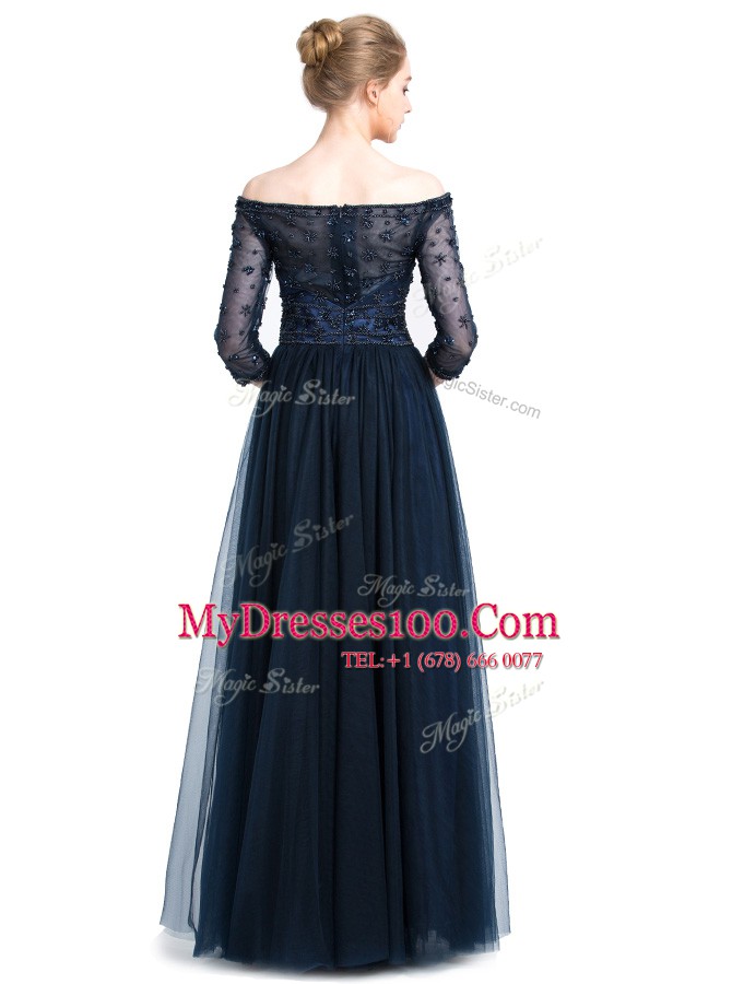 Custom Designed Off the Shoulder Floor Length Zipper Mother Of The Bride Dress Navy Blue for Prom and Party with Beading and Appliques