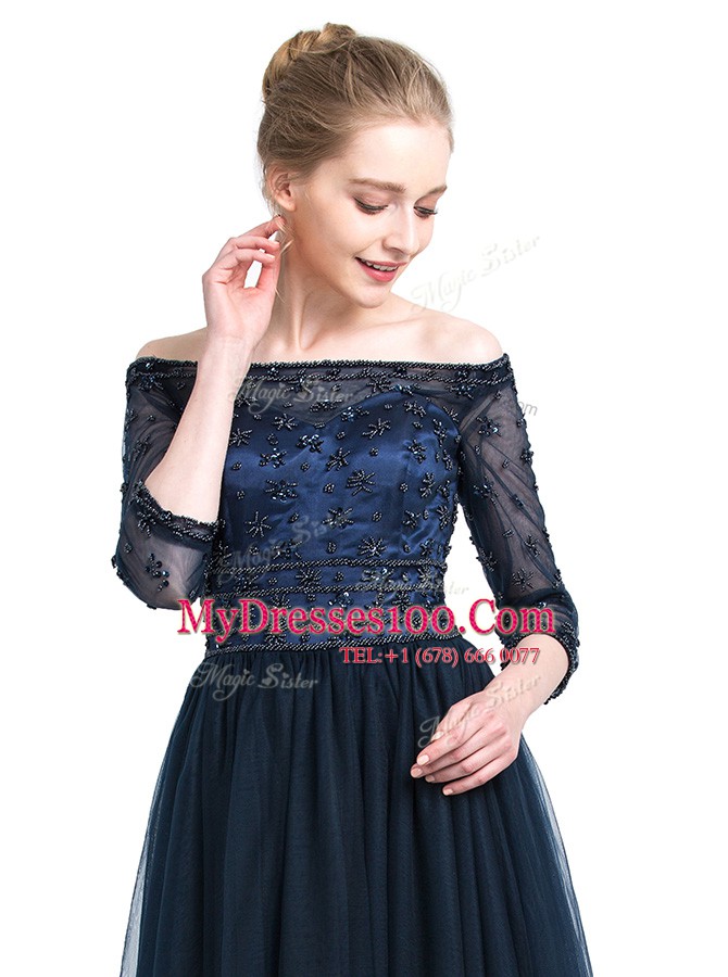 Custom Designed Off the Shoulder Floor Length Zipper Mother Of The Bride Dress Navy Blue for Prom and Party with Beading and Appliques