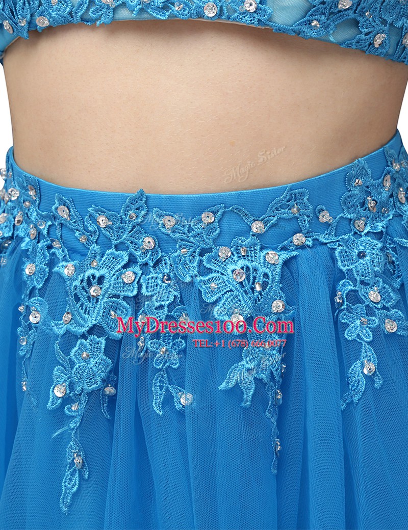 Baby Blue Zipper Beading and Appliques Sleeveless Mini Length