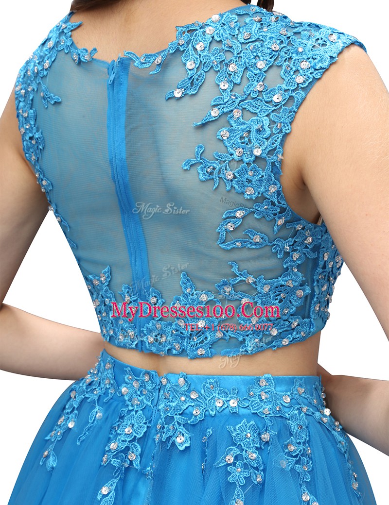 Baby Blue Zipper Beading and Appliques Sleeveless Mini Length
