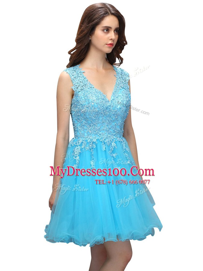 Baby Blue Sleeveless Knee Length Beading and Appliques Backless Cocktail Dress