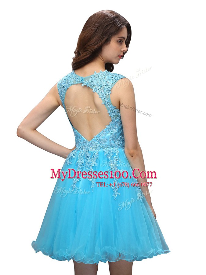 Baby Blue Sleeveless Knee Length Beading and Appliques Backless Cocktail Dress