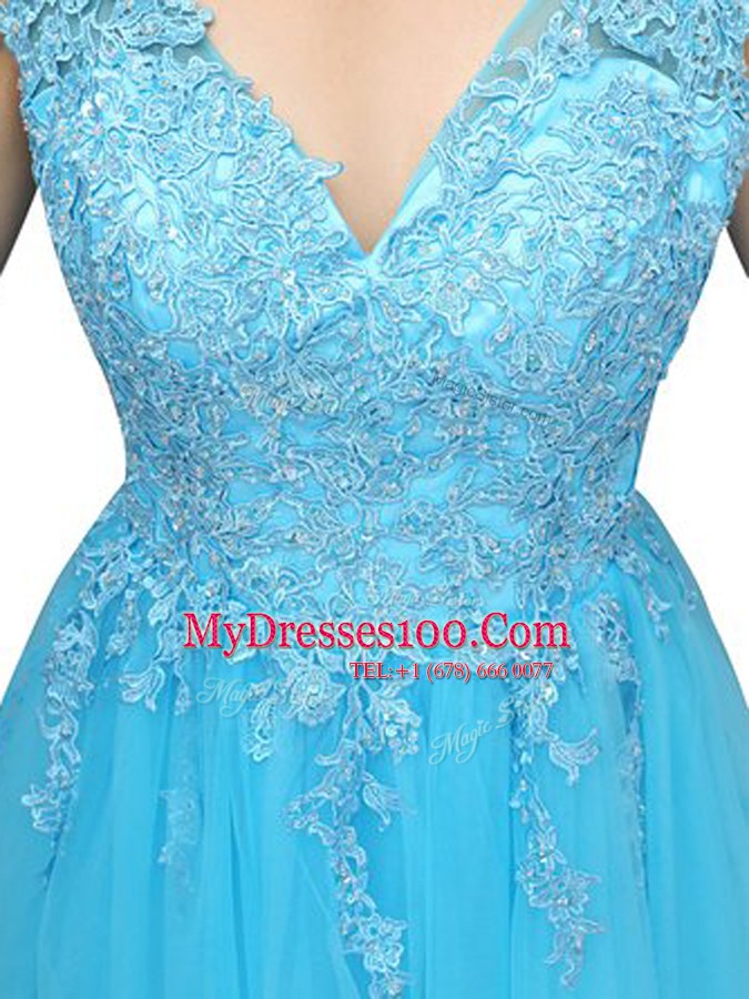 Baby Blue Sleeveless Knee Length Beading and Appliques Backless Cocktail Dress