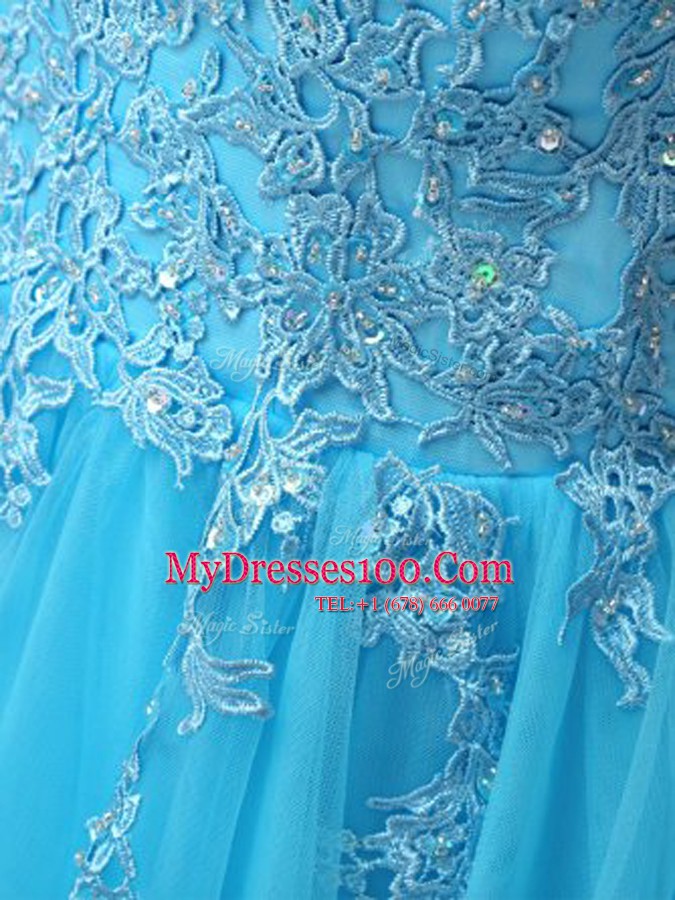 Baby Blue Sleeveless Knee Length Beading and Appliques Backless Cocktail Dress
