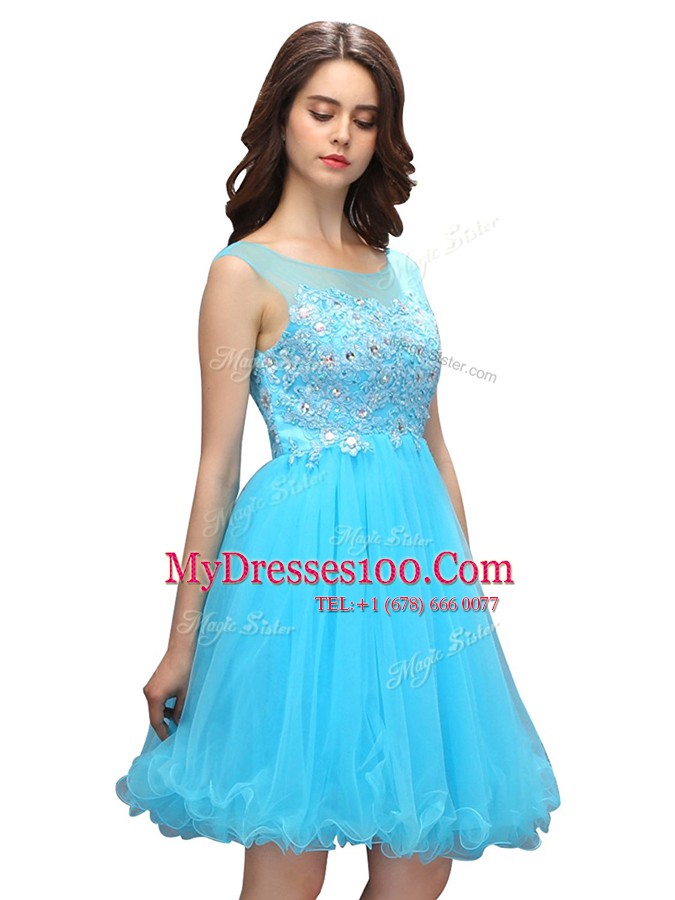 Sleeveless Knee Length Beading and Appliques Zipper Prom Gown with Baby Blue