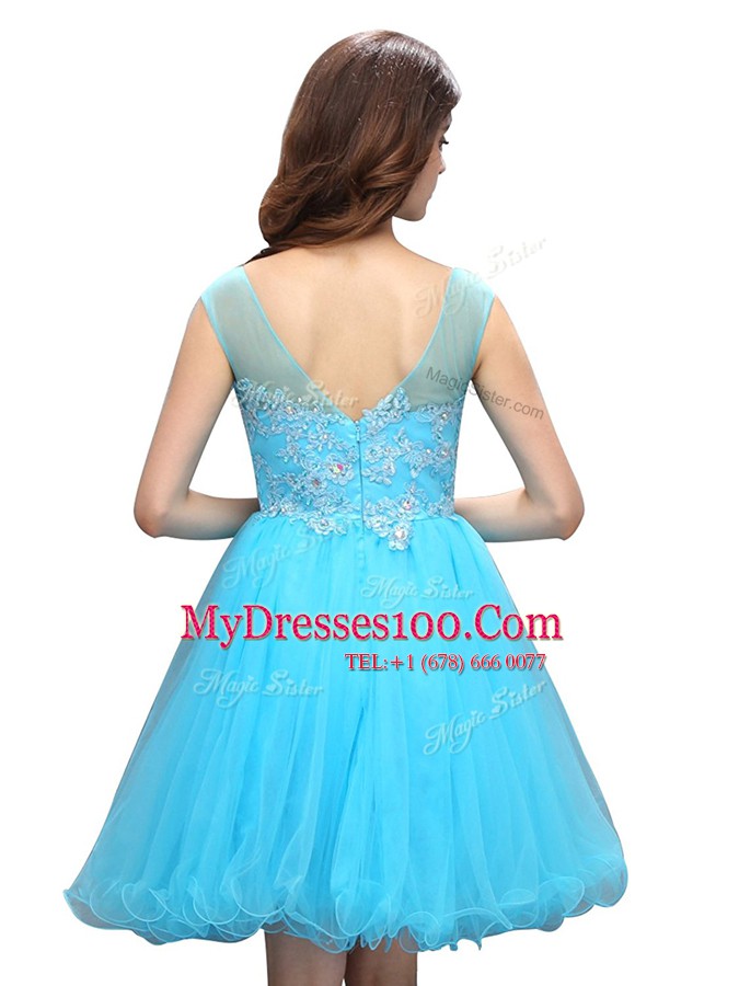 Sleeveless Knee Length Beading and Appliques Zipper Prom Gown with Baby Blue
