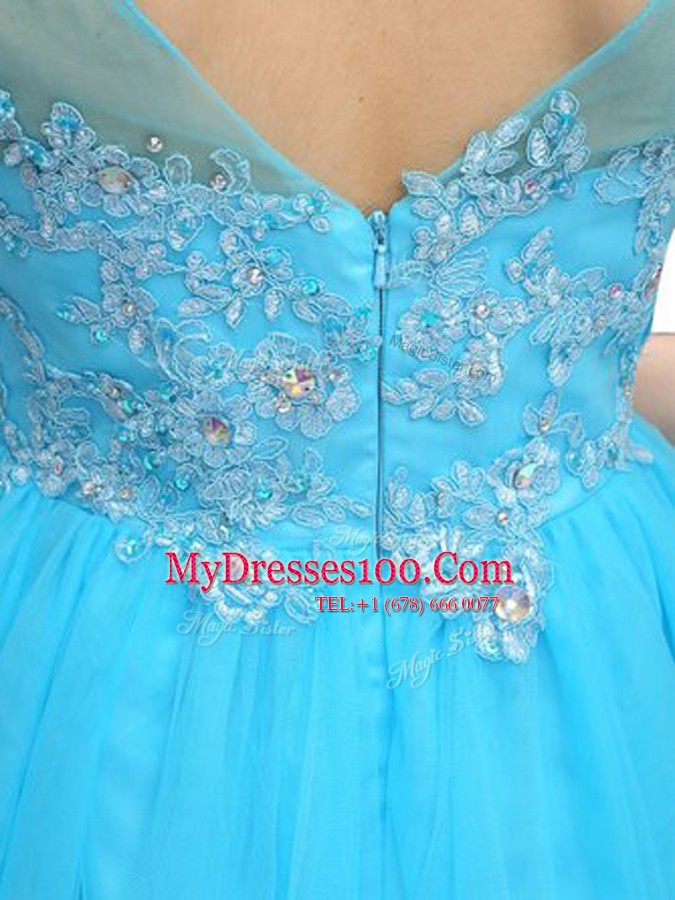 Sleeveless Knee Length Beading and Appliques Zipper Prom Gown with Baby Blue