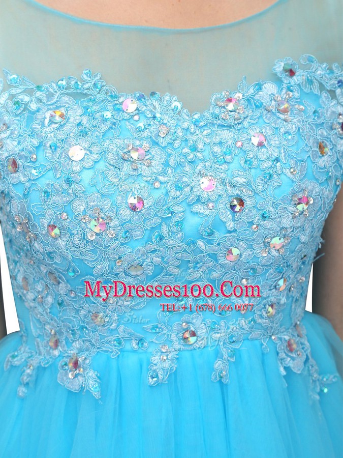 Sleeveless Knee Length Beading and Appliques Zipper Prom Gown with Baby Blue