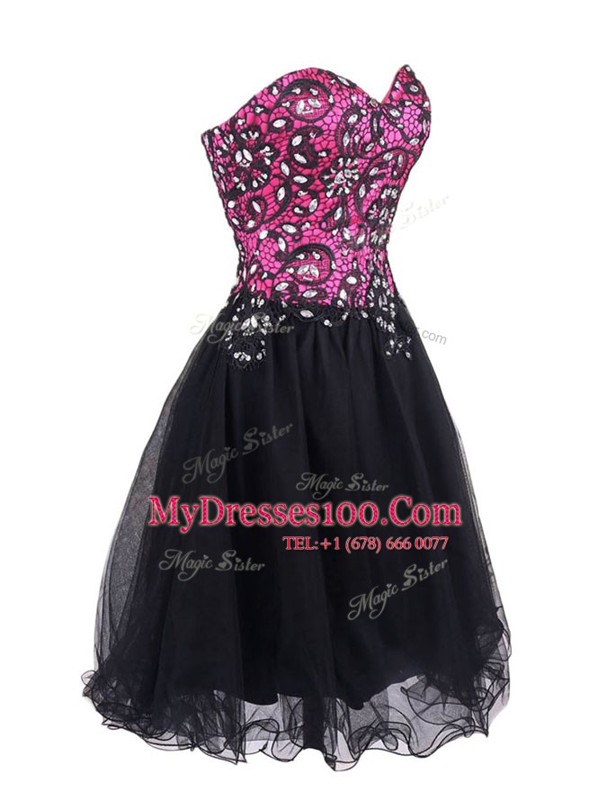 Mini Length Zipper Prom Evening Gown Pink And Black for Prom and Party with Beading and Lace
