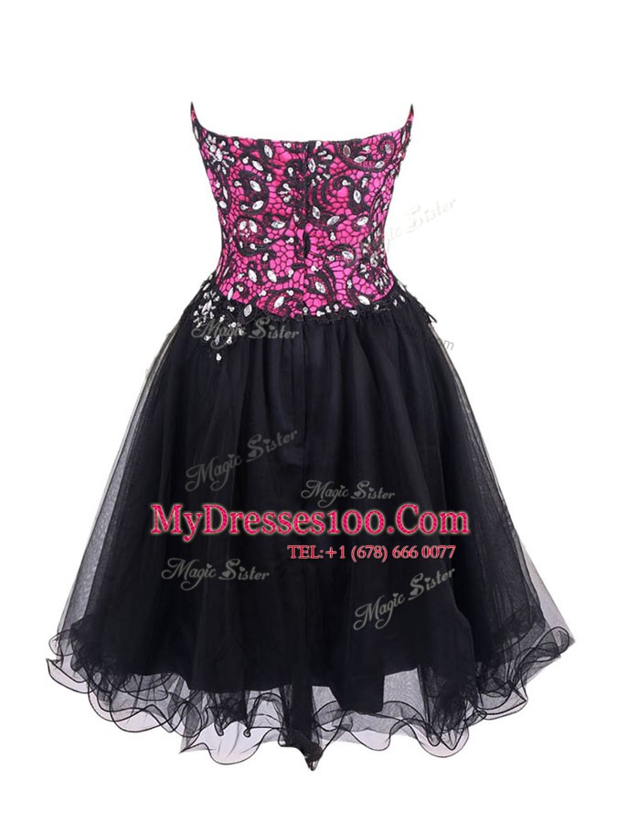 Mini Length Zipper Prom Evening Gown Pink And Black for Prom and Party with Beading and Lace