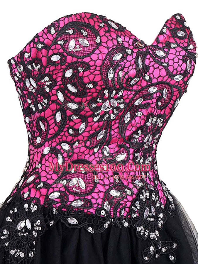 Mini Length Zipper Prom Evening Gown Pink And Black for Prom and Party with Beading and Lace