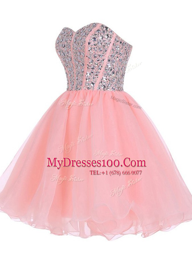 Sweetheart Sleeveless Evening Dress Mini Length Beading and Ruffled Layers Pink Organza