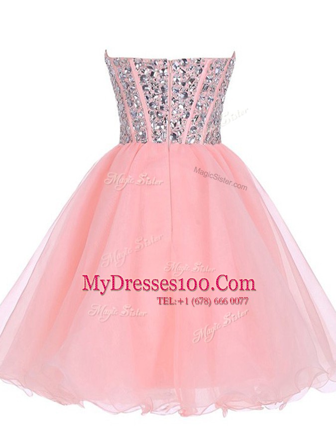 Sweetheart Sleeveless Evening Dress Mini Length Beading and Ruffled Layers Pink Organza