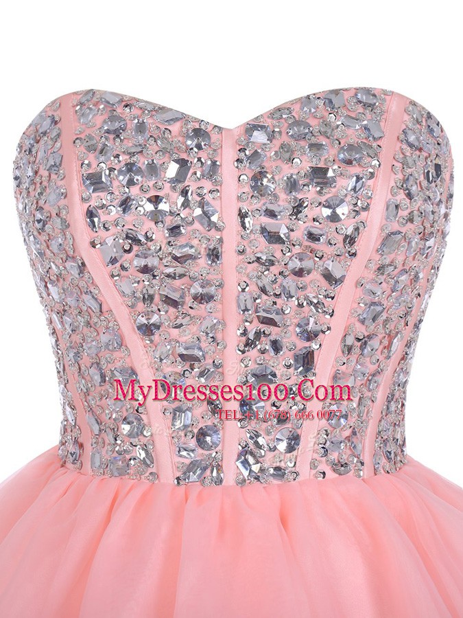 Sweetheart Sleeveless Evening Dress Mini Length Beading and Ruffled Layers Pink Organza